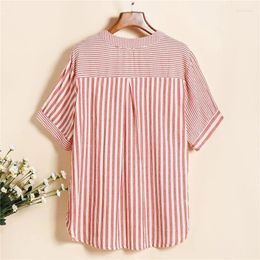 Women's Blouses Women Striped Comfortable Cotton Linen Blouse Simple Casual Loose Shirts Asymmetric Short Sleeve Tops Female Blusas Ropa