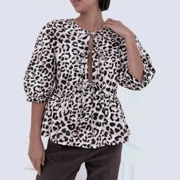 Women's Blouses Bow Leopard Print Women Cropped Tops Lantern Sleeve O-neck Loose Hollow Out Female Sping Summer Lace Up Shirts Camisas