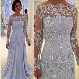 Elegant Scoop A-Line Chiffon Mothers Dresses Pearls Beads Lace Appliques Illusion Long Sleeves Mother of the Bride Dresses Evening Gown 232K