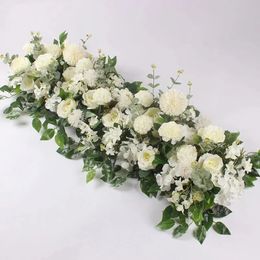 100cm Luxury White Rose Artificial Flower Row Wedding Table Centrepiece Flowers Backdrop Wall Arches Decor Party Stage Floral 240510