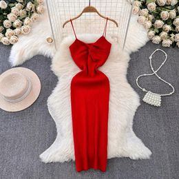 Casual Dresses Bodycon Dress Women Spaghetti Strap Knot Solid Vestidos De Mujer Sleeveless Screw Thread Minimalist Knit Summer Dropship