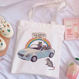 Shopping Bags Kawaii Raccoon Letter Print Tote Bag Manga Shopper Handbags Shoulder Canvas Casual Girls Women Elegant