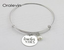 TEACHER VIBES Inspirational Hand Stamped Engraved Charm Pendant Expandable Wire Bracelet Bangle Gift Fashion Jewelry10PcsLot L99525548782