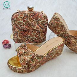 Dress Shoes Nigerian Fashion Design Paisley Pattern Gold Colour Women And Bag Matching Party Comfortable Middle Heel