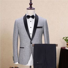 Men's Grey Groom Tuxedo Black Shawl Lapel Jacket Wedding Suits Custom Made Wedding Tuxedos Suit Jacket Pants 300n