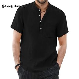 Summer Mens Short Sleeve Solid Color T Shirts Linen Loose Cotton Lapel Pockets Tops 5XL 240426