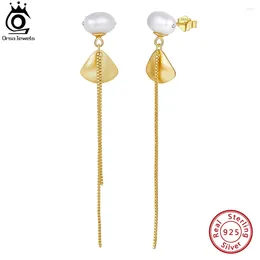 Dangle Earrings ORSA JEWELS Tassel 14K Gold Long Box Chain 925 Sterling Silver Natural Pearl Jewellery For Women GPE88