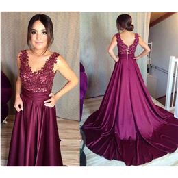 Dark Grape Sleeveless A Line Formal Evening Dresses Deep V Neck Lace Top Sexy Low Back Long Prom Gowns Vintage Party Dress B94 0510
