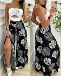 Women's Two Piece Pants Set Women Outfit 2024 Summer Rose Detail Halter Sleeveless Crop Top & Tropical Print Slit Wide Leg