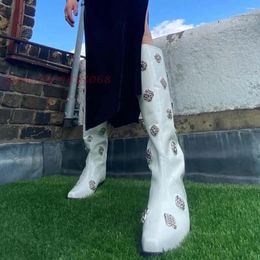 Boots Metallic Flower White Knee High Women Low Chunky Heels Square Toe Fashion Casual British Style Slip On Elegant