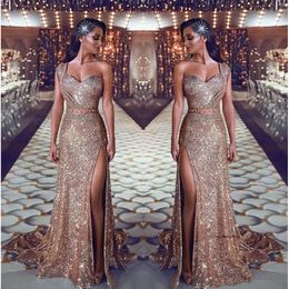 Luxurious 2019 Arabic Split Bling Evening One Shoulder Beaded Crystals Sequins Prom Dresses Sparkly Formal Party Gowns M56 0510
