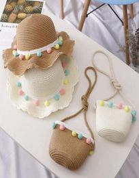 Summer Kid Sun Hats Children Beach Girls Straw Weave Pompoms Hat Uv Protective Kids Big Brim Holiday Casquette Rolling5603235