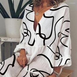 Casual Dresses Women V-Neck Button Long Sleeve Party Maxi Femme Robe Vestidos Abstract Face Print Plus Size White Dress