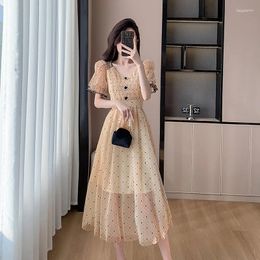 Party Dresses 2024 Summer Dot Print Dress Women Elegant V-neck Bubble Short-sleeved High-waisted Mesh Long OL Temperament