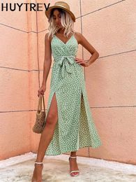 Casual Dresses Summer Sexy V Neck Backless Strap Long Dress For Women Floral Print Boho Belt Slit Beach Sundresses Elegant Lady