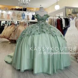 2023 Mint Green Floral Lace Handmade Flowers Quinceanera Dresses lace-up corset Off The Shoulder Tiered Corset For Sweet 15 Girls Party 228g