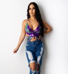 Summer Club Crop Top Women Sequined V Neck Slim Vest Tee Sexy Lady Night Party Short Purple Strap Tank Top T shirt Outfit9730372