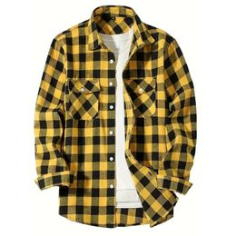 2024 Mens Button Regular Casual Plain Flannel Shirt Long Sleeve Chest Double Pocket Design Fashion Printed Button 5 Colours 240507