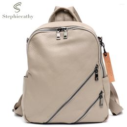 Backpack SC Functional Zip Pockets Women Men Casual Soft Genuine Leather Day Pack Vintage Daily Travel Knapsack Shoulder Bags