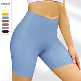 Active Shorts Solid Colour Tight Women Sports Yoga Soft High Waist Short Leggings Cycling Athletic Gym Front V-shaped Side Pockets