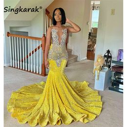 Sparkly Yellow Mermaid Prom 2024 Beads Crystal Rhinestones Graduation Party Dress Birthday Reception Robe de Bal