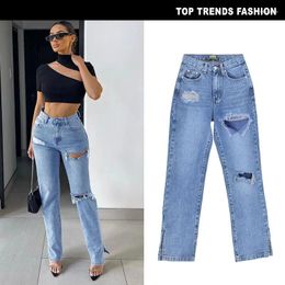 Women's Jeans Spring Women's High Waist Show And Thin Straight Denim Trousers Floor Length Pants Ripped Hole Hanging Sense Bell Bottoms