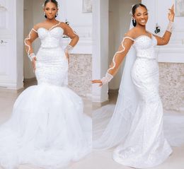 African Mermaid Wedding Dresses 2024 Illusion Neck Long Sleeves Beading Pearls Sequins Bridal Formal Party Gown Vestidos De Noiva Customed