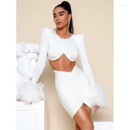 Casual Dresses Long Sleeve Hollow Out Feather Dress WOMEN'S Fashion Sexy Round Neck Backless Bandage