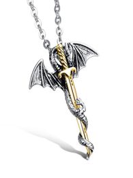 Hip Hop Pendant Necklaces Super Cool Evil DragonSword Titanium Steel Personality Unique Designer Jewelry Men Antique Gold Color N6724851