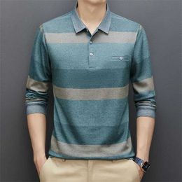 Men's Polos New Mens Casual Stripe Plaid Long Slve Polo Shirt Fashion Solid Polo Top Y24051014MD