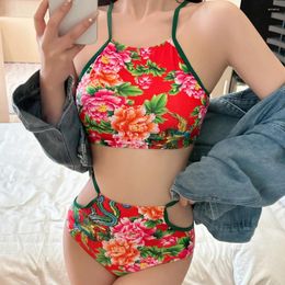 Women's Swimwear 2024 Sexy Women Bikini Sets 2 Piece Swimsuits Bathing Suits High Waisted China Style Floral Printed Tops Padded Ladies