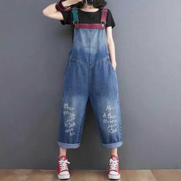 Women's Jumpsuits Rompers Denim Jumpsuits for Women Striped Printed Korean Style Harajuku Overalls One Piece Outfit Women Rompers Casual Vintage Playsuits Y240510