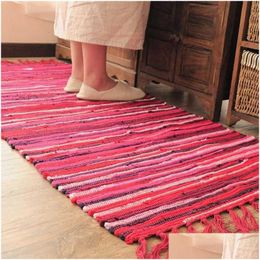 Carpets Cotton Cloth Retro Handmade Tassel Rug And Carpet For Home Living Room Tapestry Absorbent Floor Area Mat Kitchen Decor Drop Dhni9