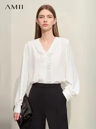 Women's Blouses Amii Minimalism 2024 Spring Chiffon Shirts For Women Solid V-neck Organ Pleat Straight Long-sleeve Casual 12421086