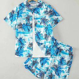 Clothing Sets Boys Summer Casual Palm Leaf Print Beach Vacation Gentleman Style Square Collar Short Sleeve Cardigan Shirt Set