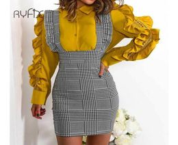 Fashion Women Dress Check Dog Tooth Frill Ruffle Pinafore High Waist Bodycon Party Mini Dress Holiday Casual Slim Y20067297743
