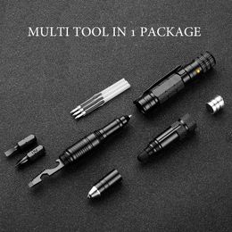 Defense Tactical Pen Outdoor Survival Self Rescue EDC Tool Multi Function Bottle Opener Emergency Flashlight Screwdriver 240509