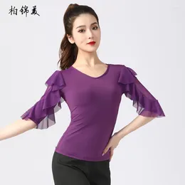 Stage Wear Latin Dance Shirt Female Adult Modern Performance Costume Competition National Standard V-neck Lotus Sleeve Competitio