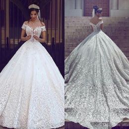 2023 New Vintage Lace A Line Wedding Dresses Sexy Off the Shoulder Short Sleeves Applique Sweep Train Bridal Gowns Custom Made 209e