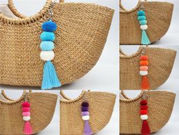 1pc Women Cute Pom Pom Keychain Bag Charms With Tassel Purse Charms Boho Keyring Neon Pink Mint Lanyards8430994