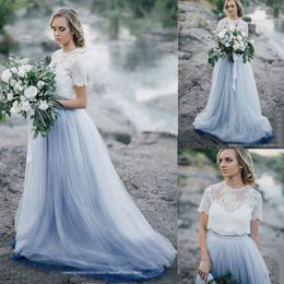 Elegant Dusty Blue Wedding Dress Tulle Bridal Gowns With Lace Tops Jacket Boho Wedding Dress Vestido de Noiva 249k