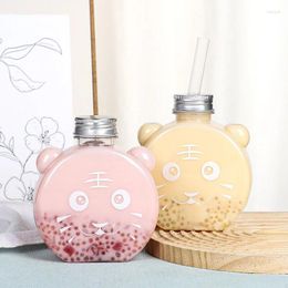 Water Bottles 450/500ml Milk Tea Juice Beverage PET Bottle Bear Tiger Disposable Takeaway Coffee With Lids