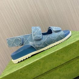 2024 new Designer Women Slides Sandals Beach Flat Slippers Denim Light 2.0CM Thick Bottom Blue Script Embroidered Summer Fall Mules Outdoor Waterproof Luxury Size