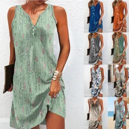 Summer Fashionable Printed Dress For Women VNeck Suspender ALine Bohemia Style Vest Literary Retro Slim Womens Clothing 240426