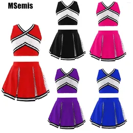 Clothing Sets Kids Girls Cheerleading Dance Clothes Set Sleeveless Crisscross Striped Front V Neckline Top With Elastic Waistband Skirt