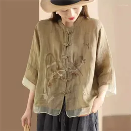 Women's Blouses Johnature Women Ramie Embroidery Floral Shirts Chinese Style Spring 2024 Button High Quality Vintage