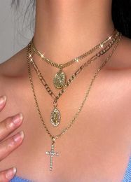 Luxury designer Jewelry Punk Religious Virgin Mary Coin Pendant Chain Necklace Set For Women Golden Multilayered Crystal Long Cha247L5213260