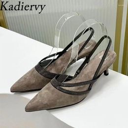 Dress Shoes High Heels Women Pumps Pointed Toe Slingbacks Suede Leather Summer Woman String Bead Kitten Sandals