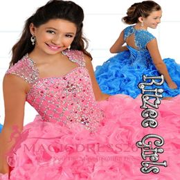 2019 New Ritzee Little Girls Pageant Dresses Beaded Ruffles Organza Ball Gown Floor Length Pink Blue Flower Girl Dresses Custom Made 3113