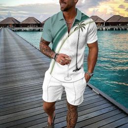 Fashion Summer Mens Tracksuit Short Sleeve Polo Shirt Set Coconut Tree 3D Print Clothing 2 Pieces Casual Suit Streetwear Outfit 240507